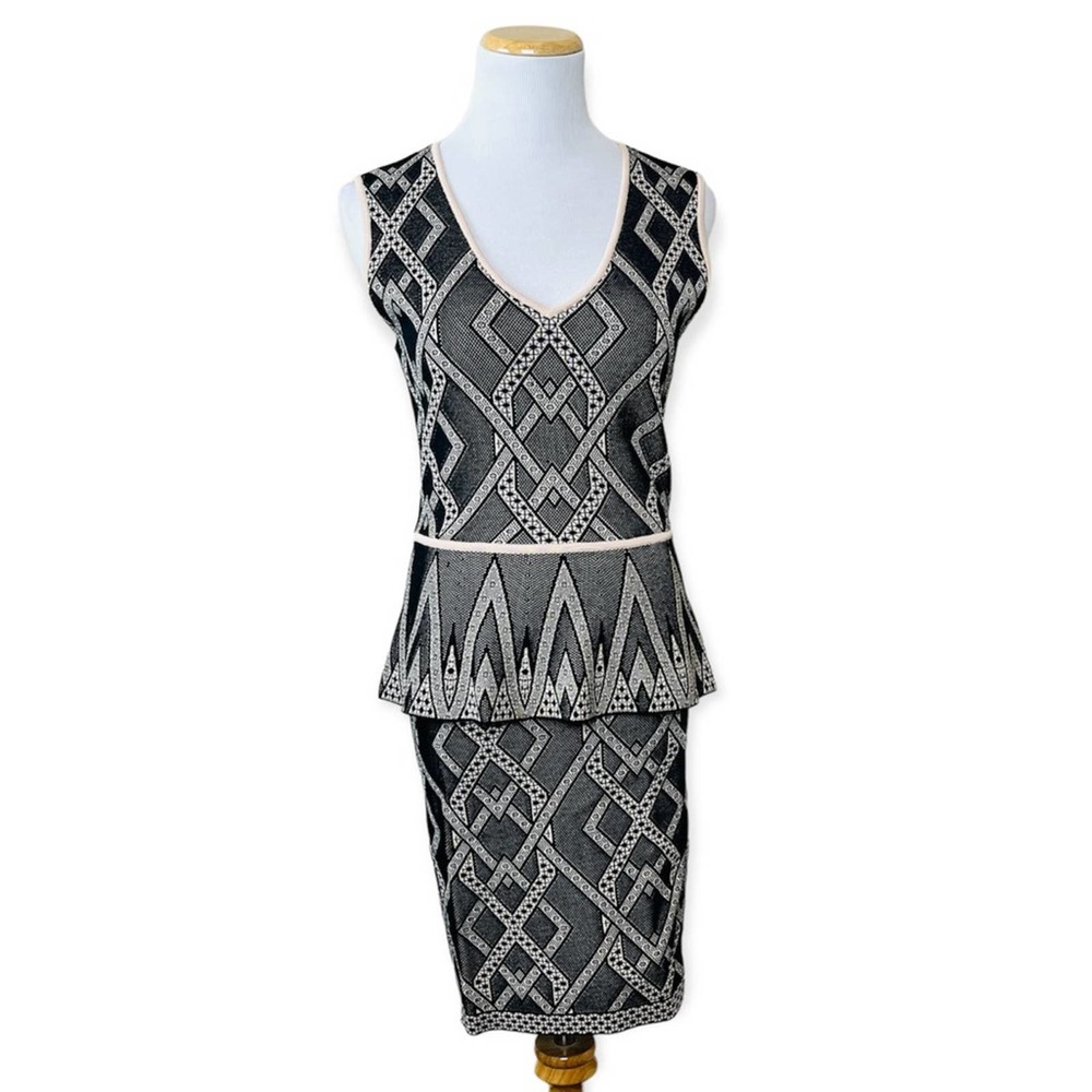BCBGMAXAZRIA Black Jacquard Peplum Pencil Skirt Set S/M Twill Knit Office $466